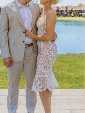 Lulu's White Lace Midi Dress with Nude Lining